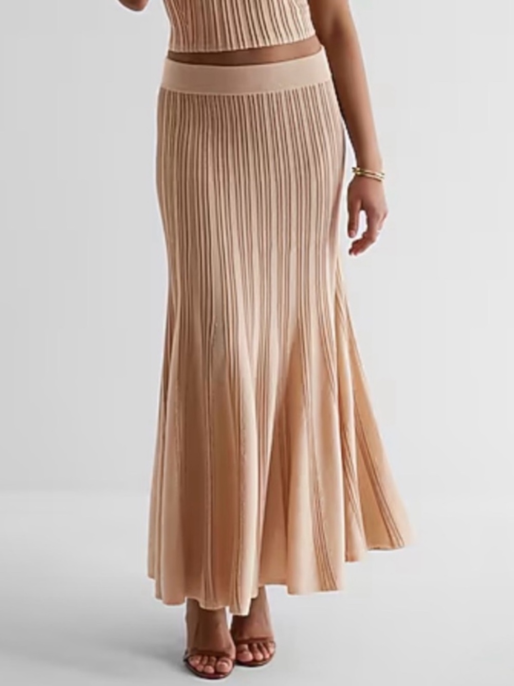 Express Metallic Ribbed High Waisted Fit and Flare Midi Sweater Skirt Blush XL